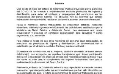 Banguat confirma 14 casos positivos de COVID-19