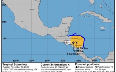 Iota se debilita a tormenta tropical este martes. Esta noche podrían incrementarse las lluvias en Guatemala