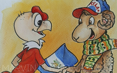 Caricatura con chivito quetzalteco saludando a «Condorito» fue entregada al embajador de Chile, por parte del artista Marvin Vásquez