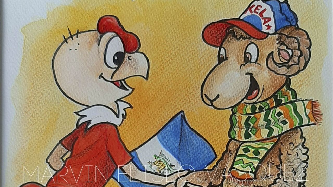 Caricatura con chivito quetzalteco saludando a "Condorito" fue entregada al embajador de Chile, por parte del artista Marvin Vásquez