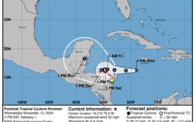 El sistema de baja presión monitoreado a través del INSIVUMEH se ha fortalecido a potencial ciclónico tropical diecinueve.