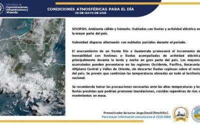 Ambiente cálido y húmedo. Nublado con lluvias y actividad eléctrica en la mayor parte de Guatemala.