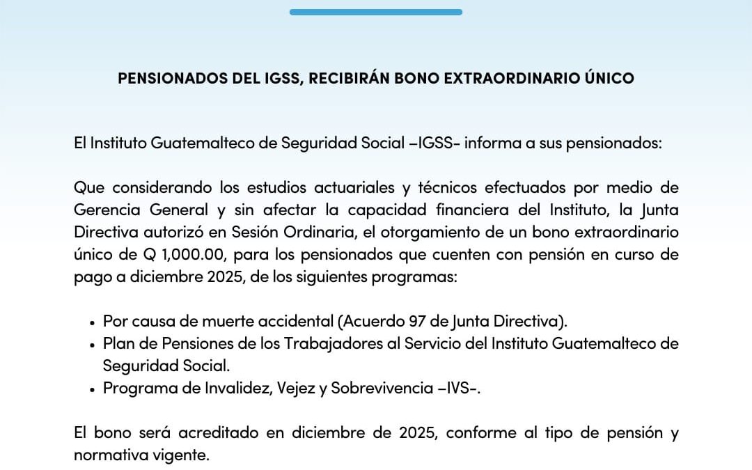 IGSS otorgará bono extraordinario de Q1 mil a pensionados