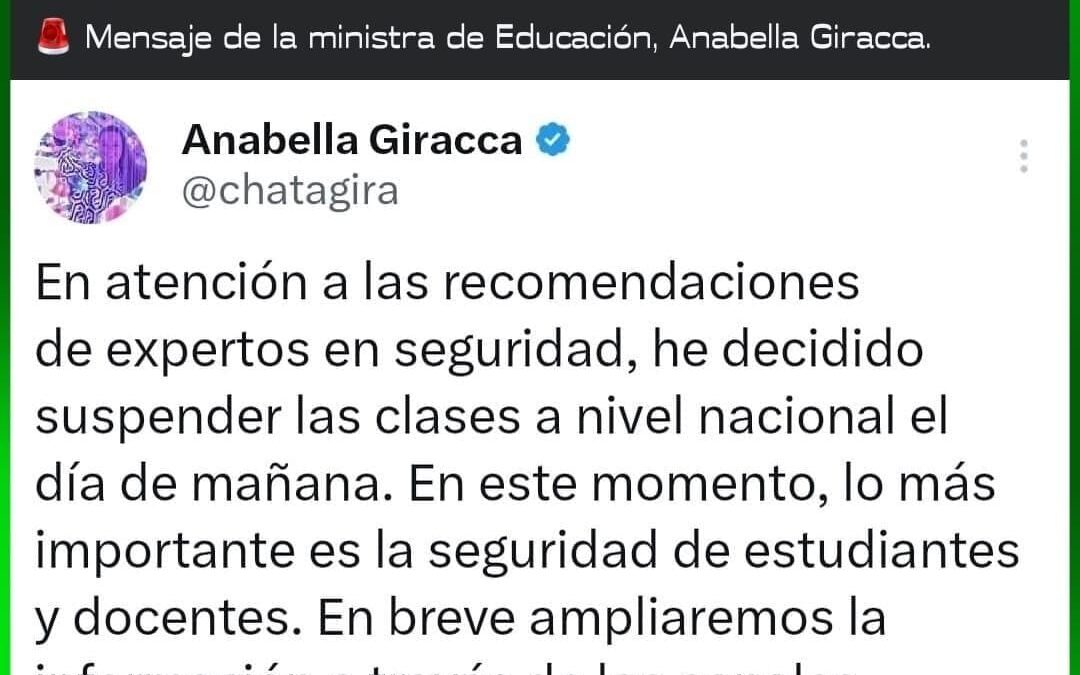 Mineduc suspende clases a nivel nacional este lunes por razones de seguridad