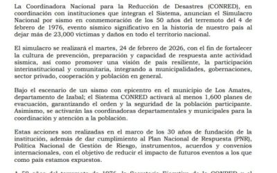 Simulacro nacional se traslada a finales de noviembre por Estado de Sitio en Guatemala