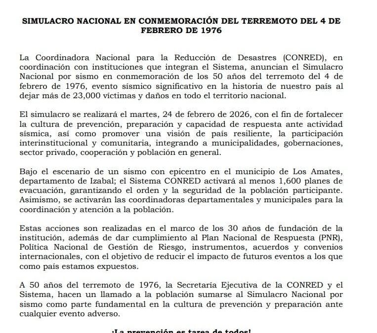 Simulacro nacional se traslada a finales de noviembre por Estado de Sitio en Guatemala