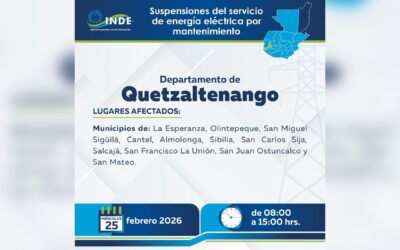 INDE anuncia suspensión del servicio eléctrico en varios municipios de Quetzaltenango este miércoles