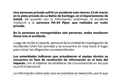 Aeronave privada se accidenta en pista de Santiago Atitlán y ocupantes resultan ilesos