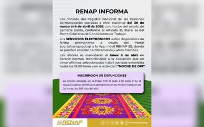 RENAP cerrará oficinas por asueto de Semana Santa