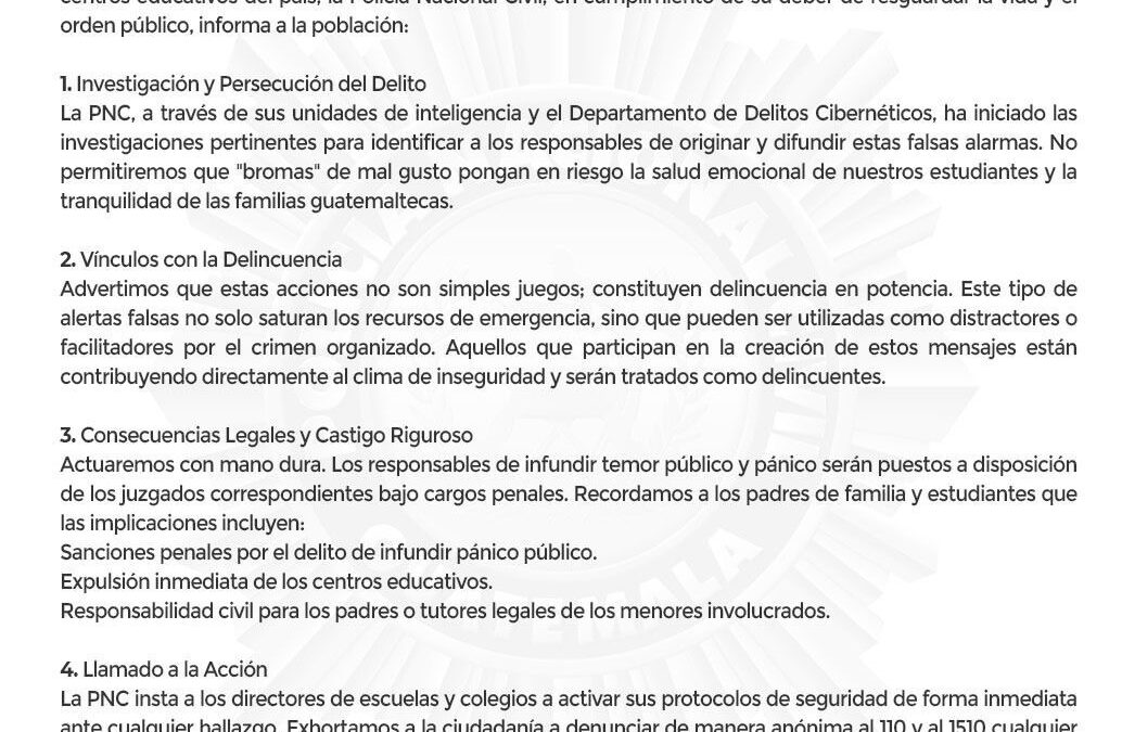 PNC advierte acciones legales por mensajes alarmistas en centros educativos
