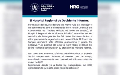 Hospital Regional de Occidente suspenderá labores administrativas por el 1 de mayo
