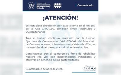 Restablecen paso vehicular en el kilómetro 189 de la ruta CITO-180 entre Retalhuleu y Quetzaltenango
