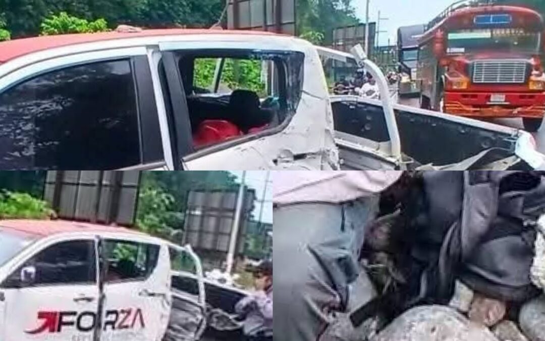 Camión de volteo colisiona contra picop en Santa Cruz Muluá y deja a un custodio herido