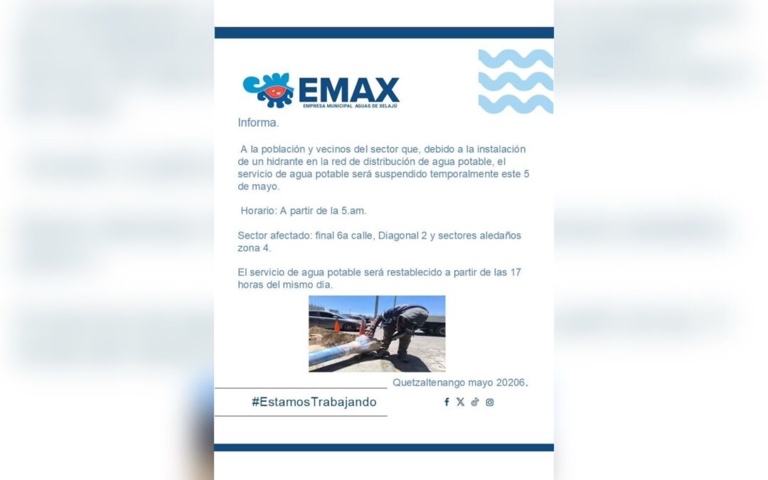 Suspensión de agua potable este 5 de mayo en zona 4 de Xela
