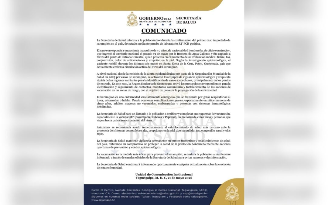 Honduras detecta caso importado de sarampión en ciudadano procedente de Petén, Guatemala