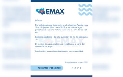 EMAX anuncia corte temporal de agua potable en sectores de la zona 10 de Quetzaltenango