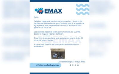 Anuncian suspensión del servicio de agua potable en varios sectores de la zona 9 por trabajos en depósito Garibaldi