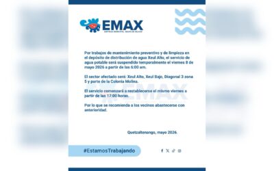 EMAX anuncia suspensión temporal del servicio de agua potable en sectores de Xela