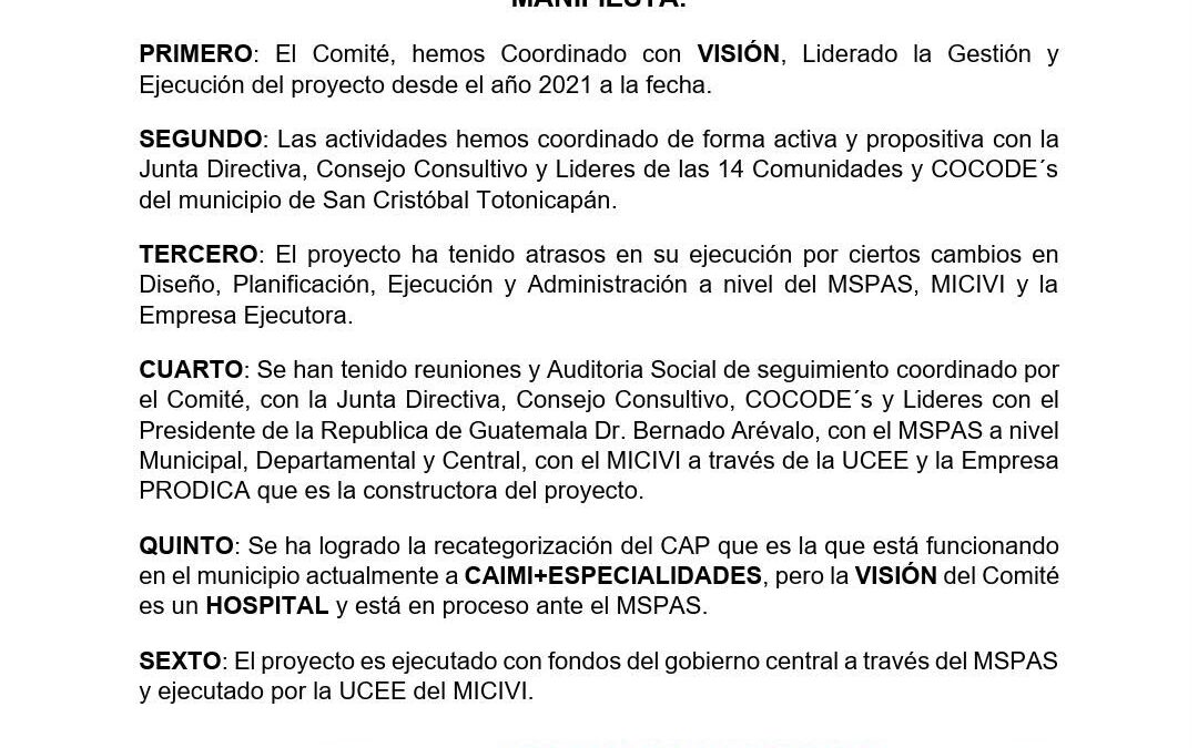 Comité de Construcción de Centro de Salud de San Cristóbal, Totonicapán, emite comunicado