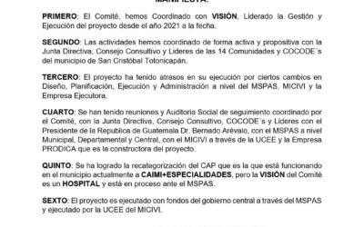 Comité de Construcción de Centro de Salud de San Cristóbal, Totonicapán, emite comunicado