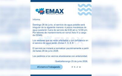 EMAX anuncia irregularidad en el servicio de agua potable para este domingo en Quetzaltenango