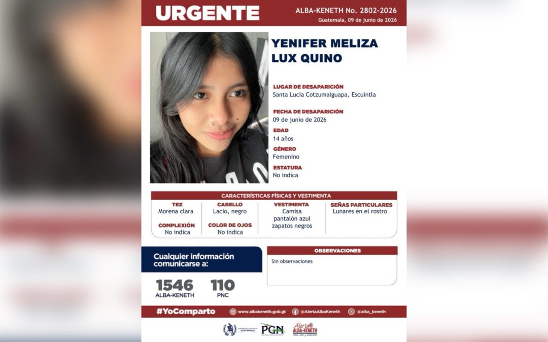 Activan Alerta Alba-Keneth por la desaparición de Yenifer Meliza Lux Quino en Escuintla