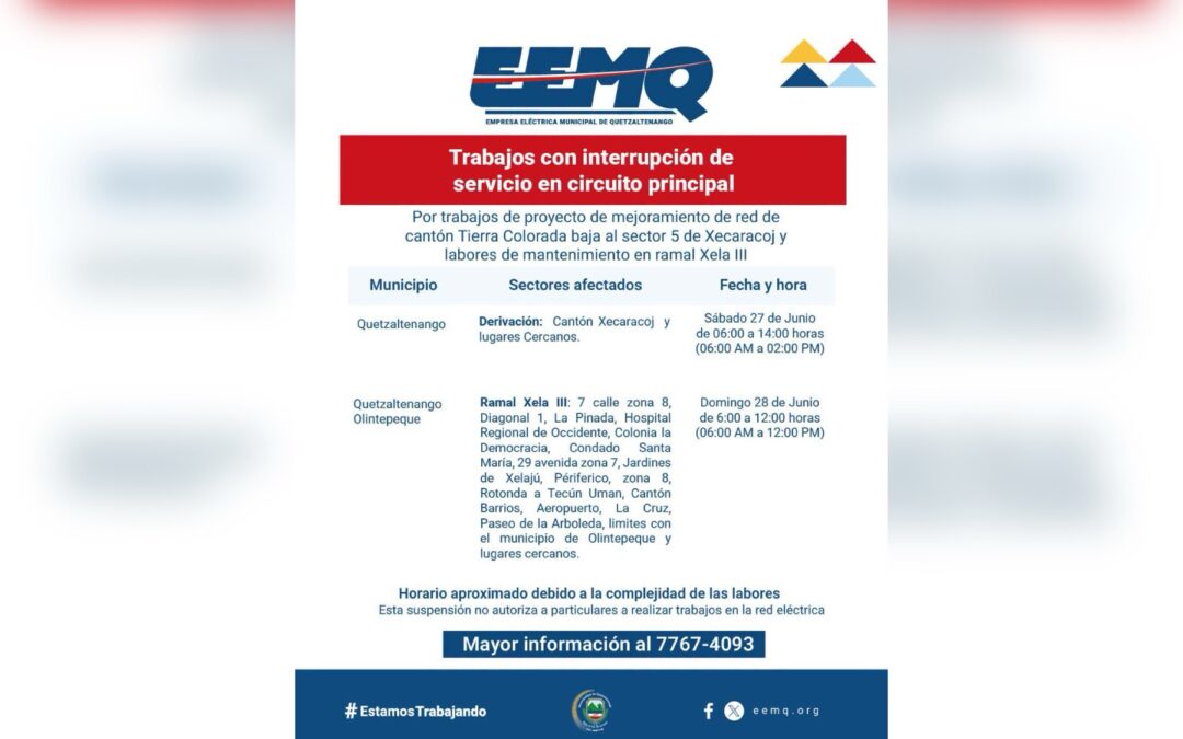 EEMQ anuncia suspensiones temporales del servicio eléctrico para este fin de semana