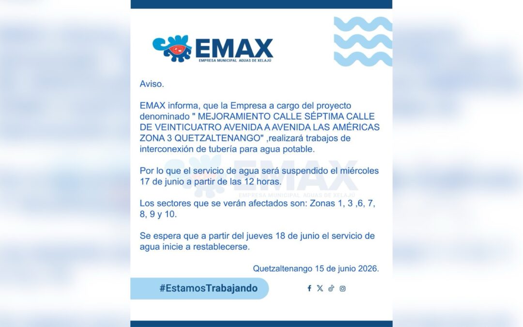 EMAX anuncia suspensión del servicio de agua potable en varios sectores de Quetzaltenango