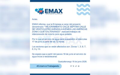 EMAX anuncia suspensión del servicio de agua potable en varios sectores de Quetzaltenango