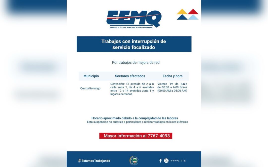 Recordatorio: Suspensión de energía eléctrica para la madrugada de este viernes en sectores de la zona 1
