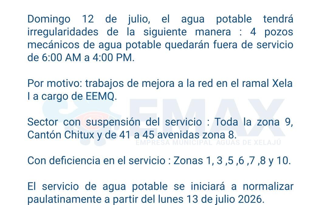 EMAX anuncia suspensión e irregularidades en el servicio de agua potable sectores de Quetzaltenango