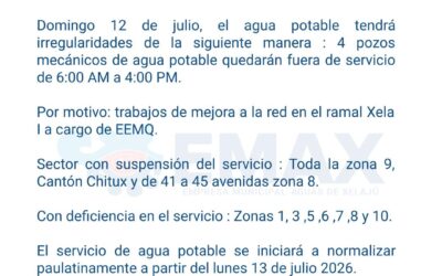 EMAX anuncia suspensión e irregularidades en el servicio de agua potable sectores de Quetzaltenango