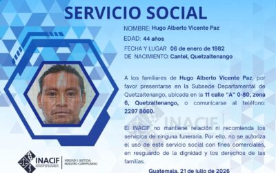 Inacif solicita localizar a familiares de hombre originario de Cantel