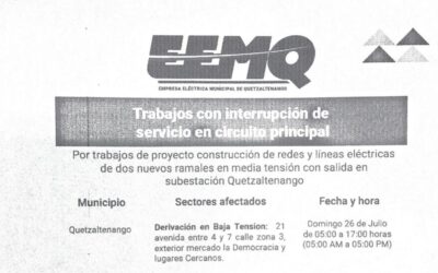 EEMQ anuncia corte de energía este domingo 26 de julio en zonas 1, 3 y 12 de Xela.