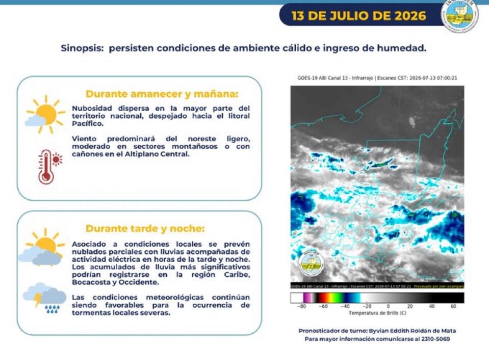 Pronóstico del Clima: Persiste Ambiente Cálido e Ingreso de Humedad para este 13 de Julio.