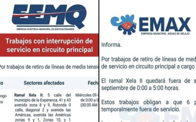 Anuncian suspensión de energía eléctrica y afectación en servicio de agua en Xela el 9 de septiembre.
