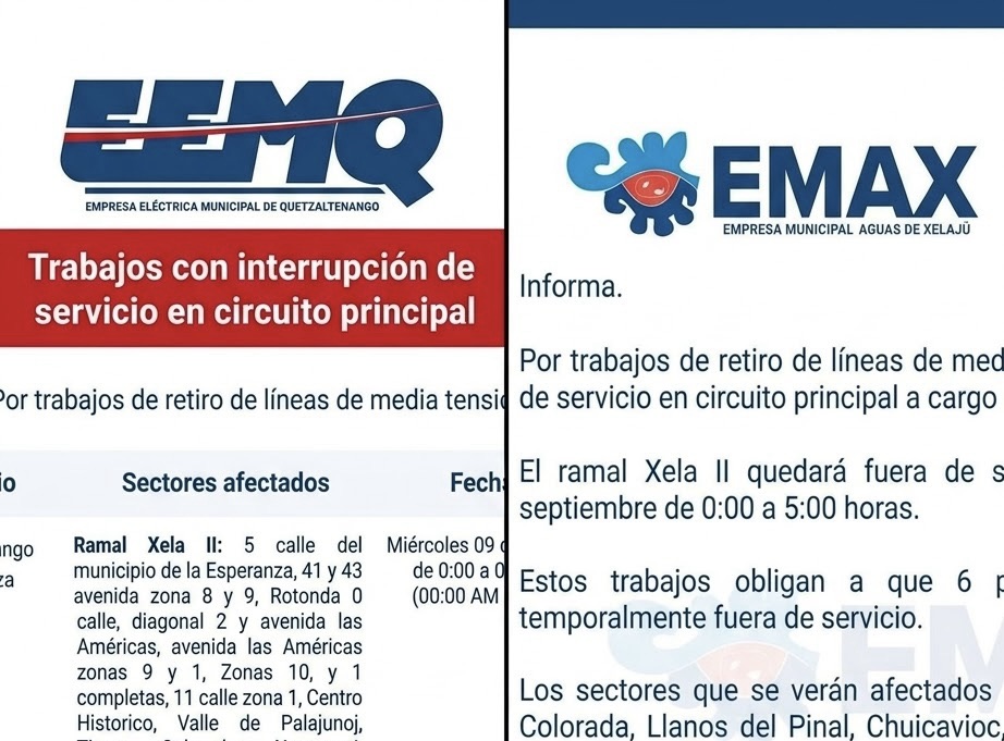 Anuncian suspensión de energía eléctrica y afectación en servicio de agua en Xela el 9 de septiembre.