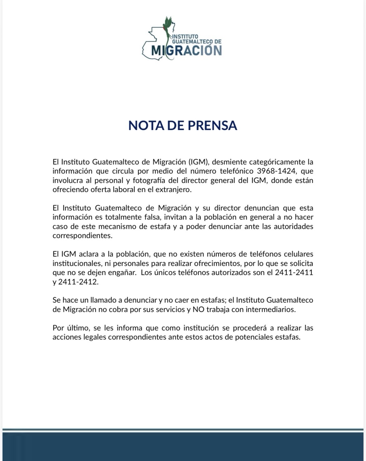 IGM desmiente supuesta oferta laboral en el extranjero y alerta por estafa telefónica.